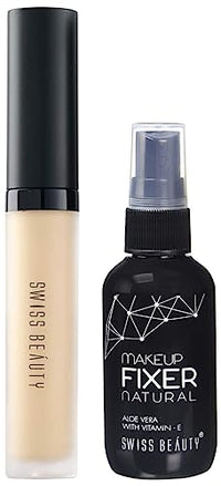 Swiss Beauty MakeUp Fixer Natural Aloe Vera with Vitamin-E, Face MakeUp, White, 50ml & Swiss Beauty Professional Liqiud Concealer, Face MakeUp, Light-Moyen, 5.6g