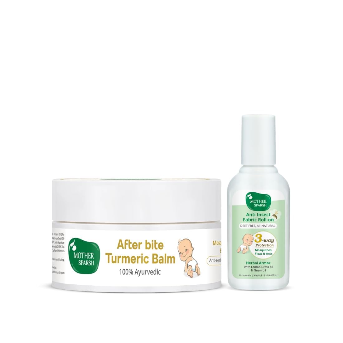 Mother Sparsh After Bite Turmeric Balm for Mosquito Bites (25gm) and Natural Mosquito Fabric Roll On for Babies-12ml (Pack of 2)