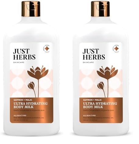 Just Herbs Saffron + Malai Nourishing Body Milk Moisturizer for Men & Women | Hydrating Body Lotion for Dull, Tired & Dry Skin | Suits All Skin Types - 300 ml (Pack of 2)