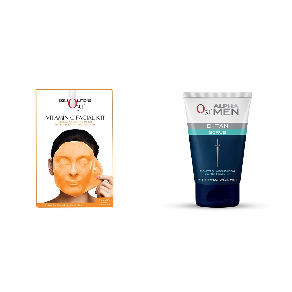 O3+ Vitamin C Facial Kit Depigmentation Single use Kit with Peel Off Mask, 45g & O3+ ALPHA MEN Acno D-TAN Scrub With Hyaluronic & Mint 50g - Detan Scrub for TAN removal Combo