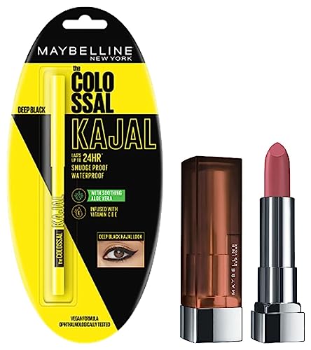 Maybelline New York Colossal Kajal, Black, 0.35g And Maybelline New York Color Sensational Creamy Matte Lipstick, 660 Touch of Spice, 3.9g