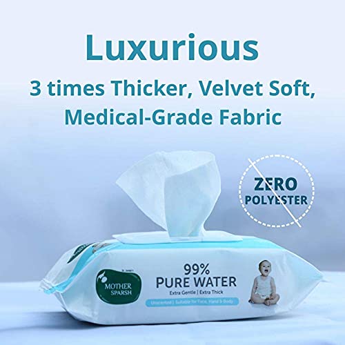 Mother Sparsh 99% Pure Water (Unscented) Baby Wipes I Natural Plant Made Cloth - Super Thick I 72 pcs/Pack - Pack of 5