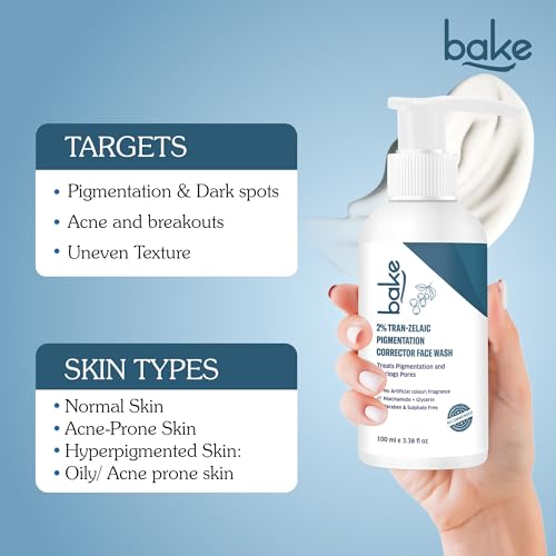 BAKE 2% Tran-Zelaic Pigmentation Corrector Milky Face Wash | For Pigmentation, Dark Spots & Tan Removal | Unclogs Pores | All Skin Types | Removes Blackheads & Whiteheads - 100ml