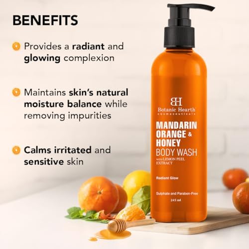 Botanic Hearth Mandarin Orange & Honey Body Wash with Lemon Peel Extract for a Radiant Glow | Sulphate & Paraben Free | Suitable for All Skin Types | Shower Gel for Men and Women| 245ml