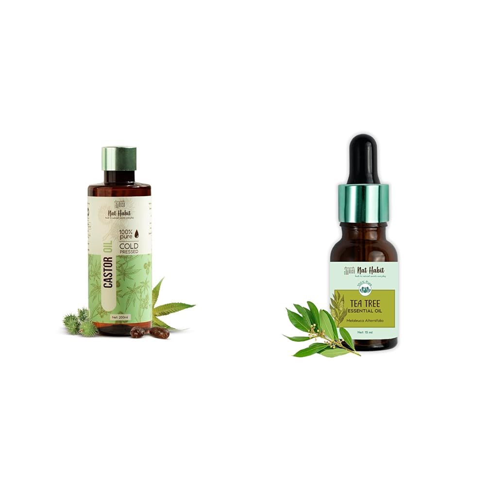 Nat Habit Cold Pressed Oil Combo Castor Oil 200ml and Tea Tree Essential Oil 15ml For Hair Growth, Hairfall