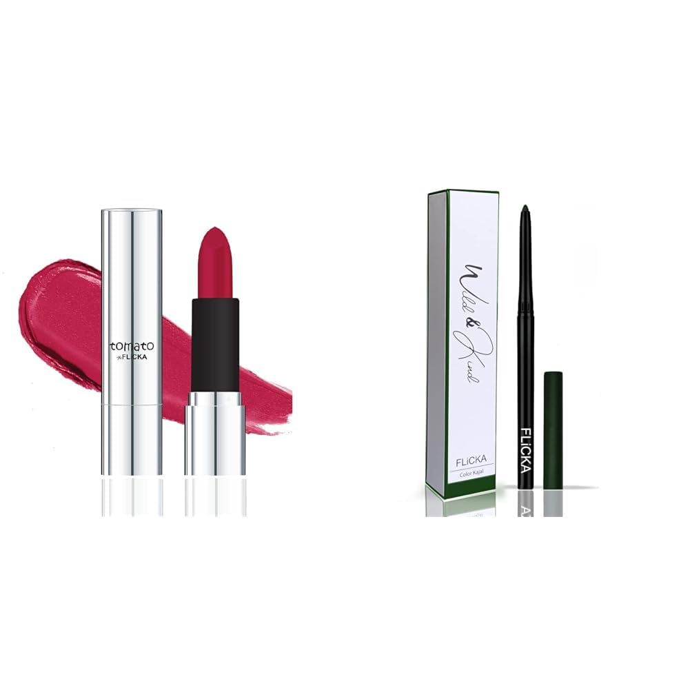 FLiCKA Tomato Bullet Matte Lipstick| Nontransfer Lipstick, Waterproof, Hydrating, Moisturizing, Upto 6Hrs, Shade 15, 4g Wild & Kind Twist Kajal Pen 04 Green Treasure Waterproof & Long Lasting 0.30gm