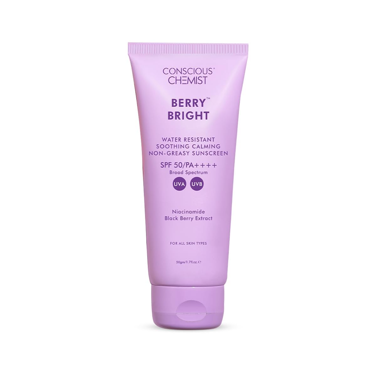 Conscious Chemist® Sunscreen SPF 50 PA++++ | 50g | Sunscreen for Oily Skin, Gel Sunscreen, Niacinamide with Black Berry Extract, Hybrid Lightweight, All Skin Types - Berry Bright