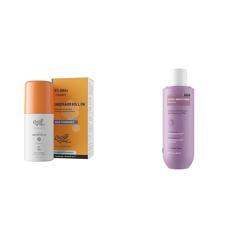 Chemist at Play UnderArm Roll-On with 5% AHA, Lactic Acid & 1% Mandelic Acid 40ml and Bare Anatomy Ultra Smoothing Shampoo for Dry and Frizzy Hair | For Men & Women -250ml