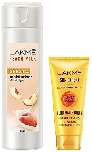 LAKMÉ Sun Expert Spf 50 Pa+++ Ultra Matte Lotion, 50 Ml And Peach Milk Spf 24 Pa Sunscreen for All Skin Type Moisturiser, 200 Ml, 250 Millilitre