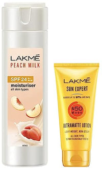 LAKMÉ Sun Expert Spf 50 Pa+++ Ultra Matte Lotion, 50 Ml And Peach Milk Spf 24 Pa Sunscreen for All Skin Type Moisturiser, 200 Ml, 250 Millilitre