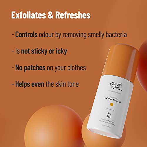 Chemist at Play UnderArm Roll-On with 5% Lactic Acid & 1% Mandelic Acid | Prevents Odour, Brightens Skin & Exfoliates Underarm | Fragrance-Free for Sensitive Skin | Alcohol Free | 40ml (Pack of 3)