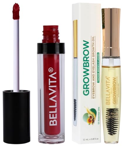 Bella Vita Organic Kiss-Proof Liquid Lipstick | 4.5 ml | Wine Stain Growbrow - Eyelash, Lashes & Eyebrows Hair Growth & Volume Serum With Castor, Onion Oil & Vitamin E, 12 ML