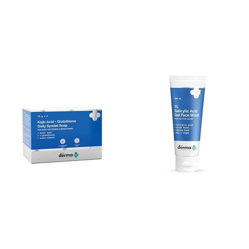 The Derma Co Kojic Acid + Glutathione Daily Syndet Brightening Soap With Kojic Acid & The Derma Co 1% Salicylic Acid Gel Face Wash With Salicylic Acid & Witch Hazel For Active Acne - 100 Ml(Dermaco)