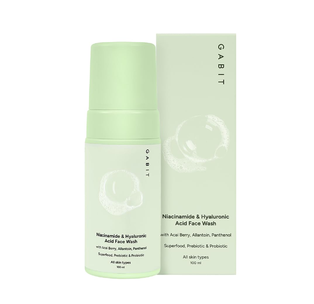Gabit Niacinamide & Hyaluronic Acid Foaming Face Wash|Gently Cleanses, Non-Drying, Soothes|Vitamin B5, Acai Berry|Dry, Sensitive Skin Types|For Men & Women |Sulphate & Soap Free |100Ml, 50 SPF