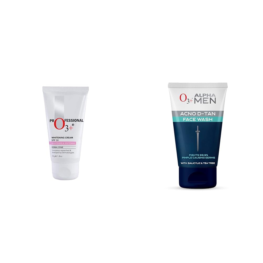 O3+ Whitening Face Cream SPF 30 Sunscreen for Skin Brightening & O3+ ALPHA MEN Acno D-TAN Face Wash with Tea Tree 100g for Oily Skin Combo