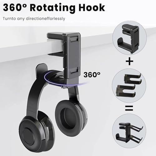 Rotating Headphone Stand with 360° Swivel - Adjustable Clamp - on Under Desk Headset Holder, Universal Gaming & Office Headphone Hanger (White)