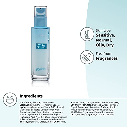 L'Oreal Paris Hyaluronic Acid Moisturizer For Face, L'Oreal Paris Skincare Hydra Genius Daily Liquid Care Oil Free Face Moisturizer For Normal To Dry Skin With Aloe Water And Hyaluronic, 90Ml