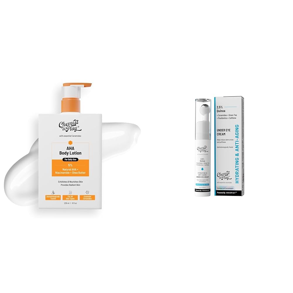Chemist At Play AHA Body Lotion with 5% Natural AHA, 236ml + Under Eye Cream with 2% Revital Eye & Quinoa Extract Cooling Gel & Roller for Men & Women | 15 g