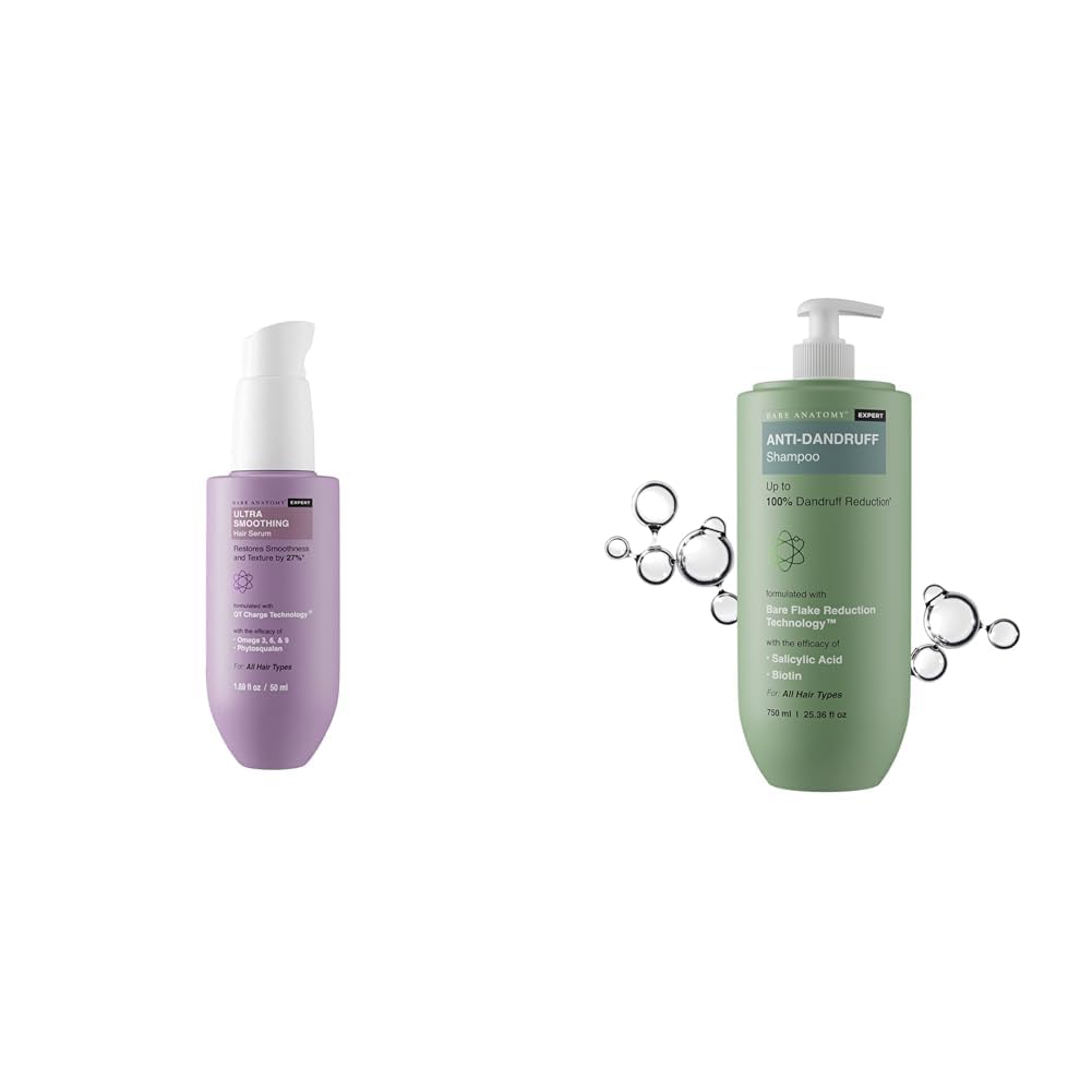 Bare AnatomyUltra Smoothing Hair Serum For Dry & Frizzy Hair | Restores Smoothness & Texture 50ml + EXPERT Anti-Dandruff Shampoo | Targets Oily Scalp and Sheds Dry Flakes 750ml