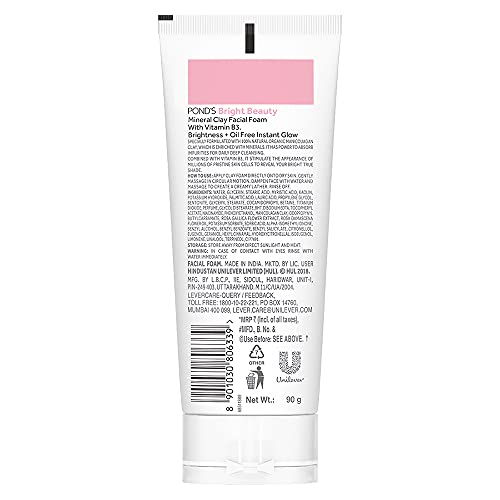 POND'S Bright Beauty Mineral Clay Vitamin B3, 4X Oil Absorbing, Brightening, For Oil Free Instant Glow, Face Wash 90 g