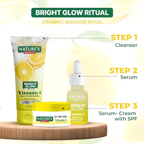 Nature's Essence Bright Glow Vitamin C Face Serum for Men & Women | Brightens & Gives Glow | Fades Dark Spots | Vitamin C Serum for Glowing Skin | For All Skin Types | Beginner Friendly| 12ml