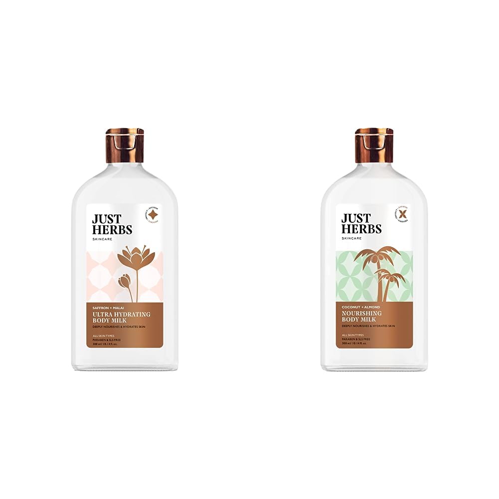 Just Herbs Saffron + Malai Nourishing Body Milk Lotion- 300ml & Just Herbs Body Lotion For Dry Normal & Combination Skin Nourishing Body Milk With Coconut + Almond - 300ml Combo