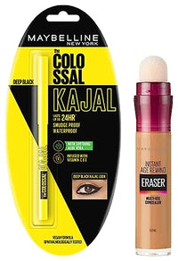 Maybelline New York Instant Age Rewind Full Natural Acne Prone Concealer, Caramel, 6Ml And Colossal Cushion Kajal, Black, 0.35G, 2 count