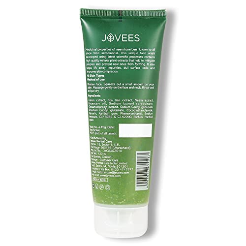 Jovees Herbal Neem Face Wash For Clear Skin with Neem & Tea Tree Ext | Gentle For Acne-Prone Skin | Controls Oil, Pimples and Dark Spots | Acne Control Cleanser For All Skin Type - 120ml (pack of 3)