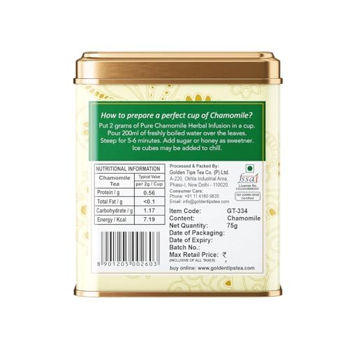 Golden Tips Chamomile Herbal Infusion Tea, Calming & Aromatic Loose Leaf Herbal Tea in Elegant Tin Can, Perfect for Relaxation & Well-Being (75 Gram - 37 Cups)