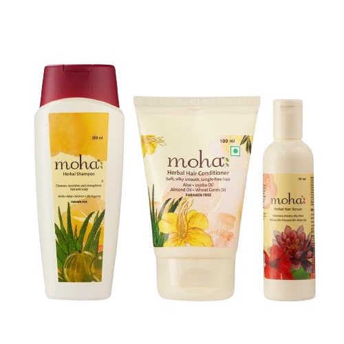 moha: Herbal Hair Shampoo | Mild Shampoo For All Hair Types 200 ml, Herbal Hair Conditioner 100 ml Herbal Hair Serum For Men & Women 30 Ml | Non-Sticky Silky Smooth, Tangle-Free Hair Pack of 3