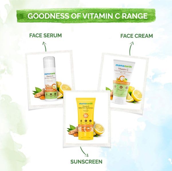 Mamaearth Vitamin C Daily Glow Sunscreen with Vitamin C & Turmeric | For Sun Protection, Tan Protection & Glow | SPF 50 & PA++++ Protection | No White Cast | Lightweight & Non-Sticky | Brightens Skin | For All Skin Types | 50 g x 2