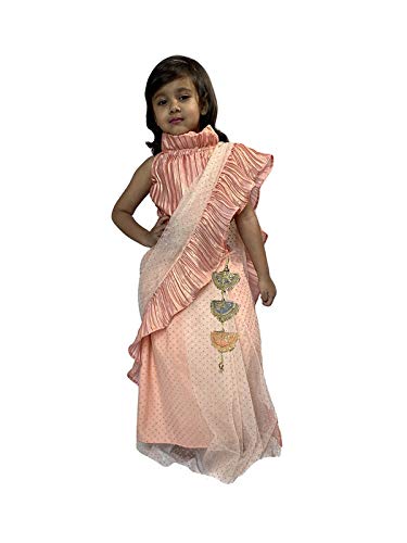 Aglare Girl's  Pre-Stitched Saree Wrinkled Blouse Wd Embossed Net with Beautiful Lakan