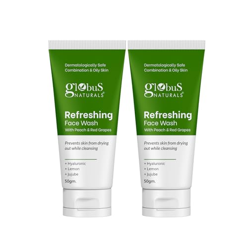 Globus Naturals Refreshing Face Wash with Peach & Red Grapes, For anti aging and moisturising, Suitable for Combination & Oily Skin 50gm, Set of 2