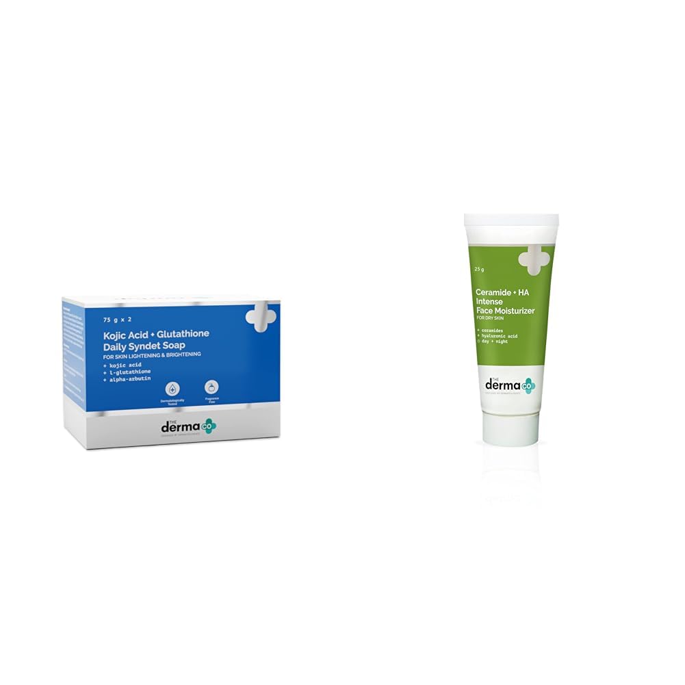 The Derma Co Kojic Acid + Glutathione Daily Syndet Brightening Soap With Kojic Acid & The Derma Co Ceramide + Ha Intense Face Moisturizer, Dry Skin Moisturiser - 25 Gm