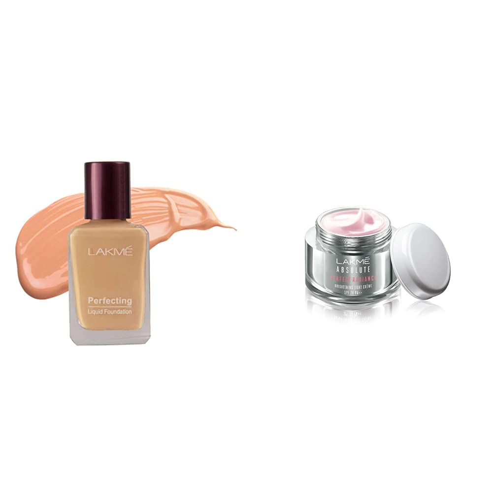 Lakmé Perfecting Radiant Liquid Foundation for All Skin Type, Pearl, 27Ml And Lakmé Absolute Perfect Radiance Skin Brightening Day Creme, Light, 50G