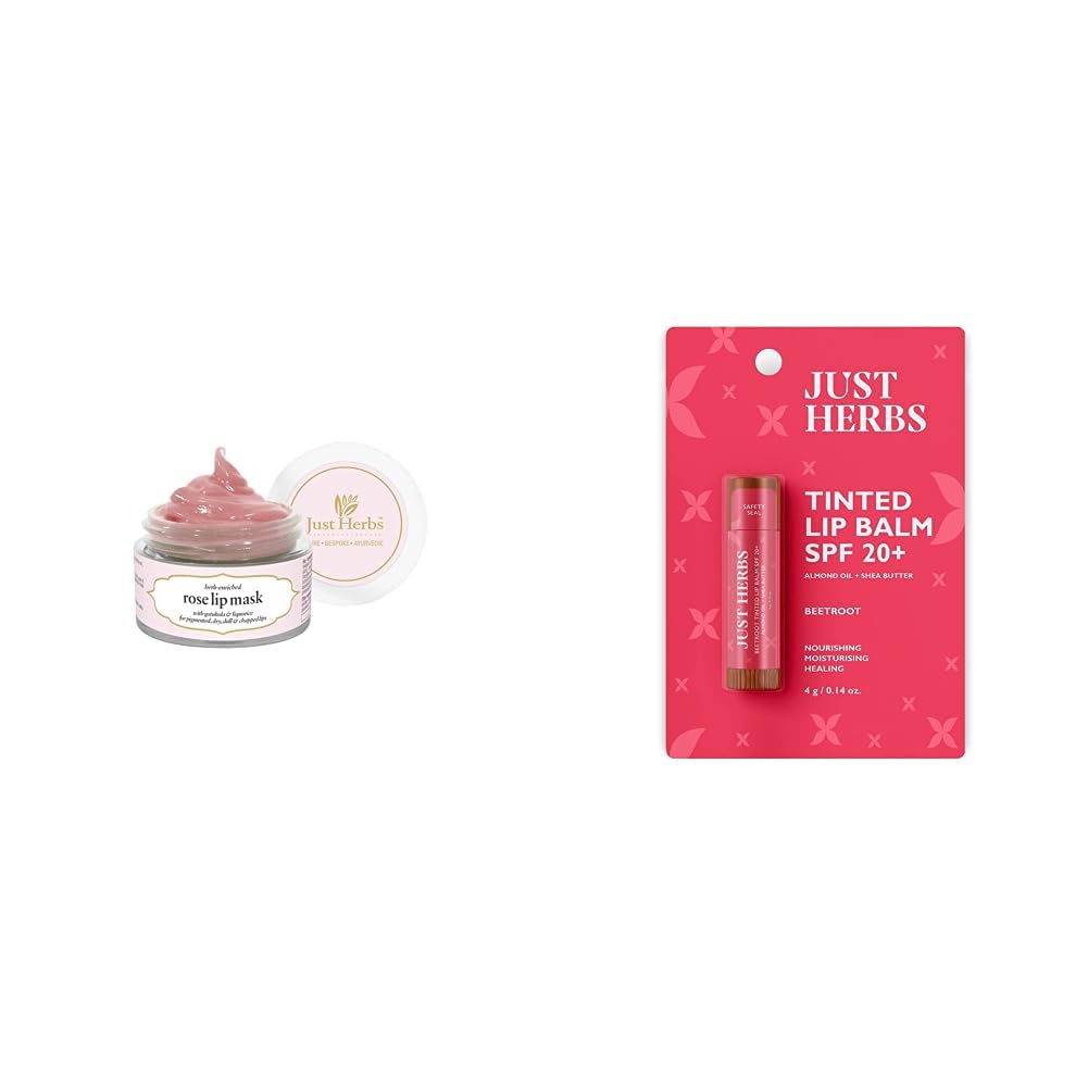 Just Herbs Ayurvedic Rose Lip Mask, Balm For Dark, Dry & Pigmented Lips - Vegan Lip Mask For 15gm & Just Herbs Tinted Lip Balm 4 g (Beetroot) Combo