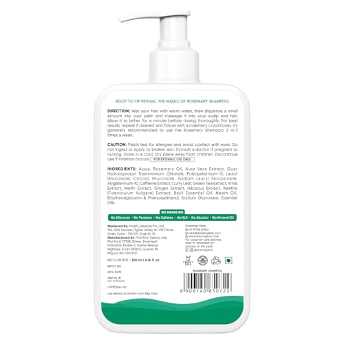 Aravi Organic Rosemary Anti-Hairfall Shampoo | Rosemary Shampoo for Hair Growth & Hairfall Control | Up to 94% Stronger Hair | Sulphate-Free for Men & Women | For All Hair Types | 200ml