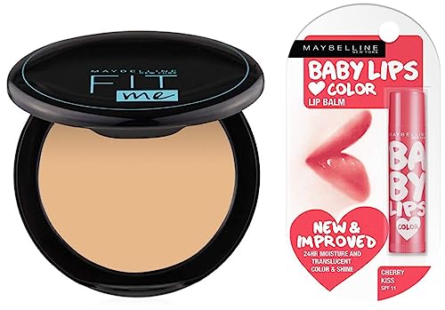 Maybelline New York Matte Compact Powder For All Skin Types, With Spf To Protect Skin From Sun, Absorbs Oil, Fit Me, 128 Warm Nude, 8G & New York Baby Lips Lip Balm, Cherry Kiss, 4 Gram,Beige