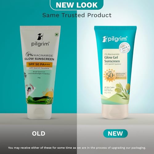 Pilgrim 2% Niacinamide Glow Sunscreen SPF 50 +++ for men and women with Spanish Squalane | Enhances Glow, Broad spectrum, Non-greasy, No white cast & Prevents Tanning | All skin types | 50 gm