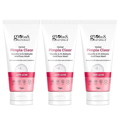 Globus Naturals Herbal Pimple Clear Glycolic & 1% WW Salicylic Acid Face Wash, Enriched With Orange & Almond, For Oily & Acne Prone Skin, 75 gm (Pack of 3)