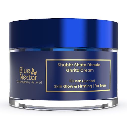 Blue Nectar Shata Dhauta Ghrita Face Cream for Men | 100 Times Washed Ghee Lightweight Men Face Cream for Skin Firming & Naturally Glowing Skin (19 Herbs, 50g)