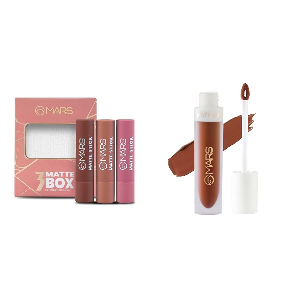 MARS Matte Box Set of 3 Lipsticks for Women (3x3.2 gm) (05-Blushed & Nudes) Matte Liquid Lip Color | Long Lasting | Non-Transfer & Waterproof Lipstick for Women (4.5 ml) (05-Chocolate Delight)
