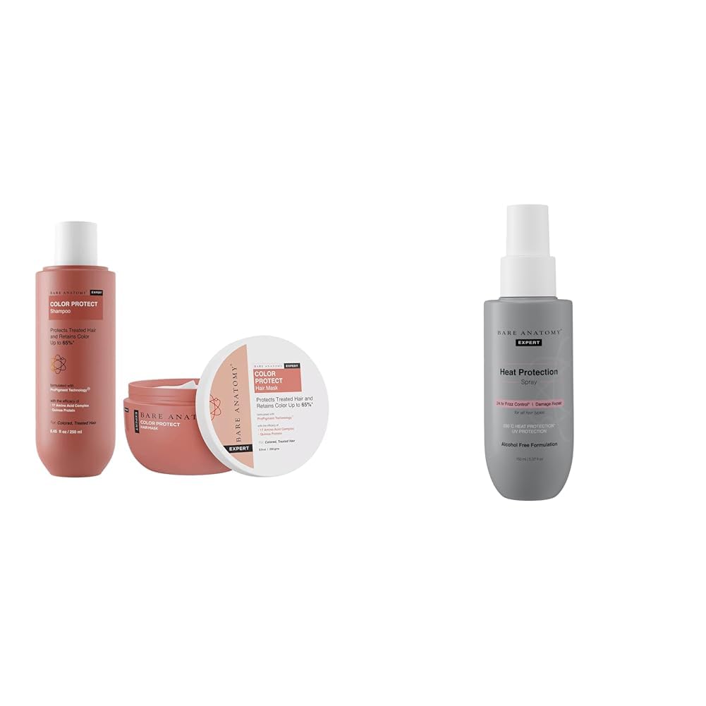 Bare Anatomy Color Protect Shampoo + Hair Mask Kit for Coloured and Treated Hair For Dry & Frizzy Hair, 250ml + 250g Heat Protection Spray Serum For Women & Men | Vegan |230 掳C Heat Protection 150 ml
