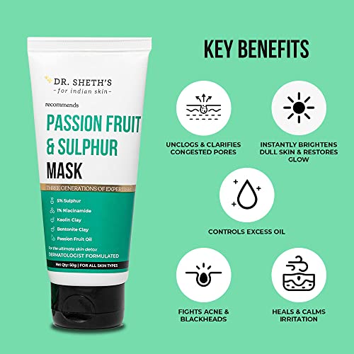 Dr. Sheth's Passion Fruit & Sulphur Mask For Skin Detoxifying|Face Pack That Brightens Skin With Bentonite & Kaolin Clay|For Women & Men| Peel Off Mask, Face Pack For Glowing Skin -50G, 1 Count