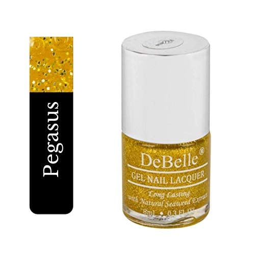 DeBelle Gel Nail Polish Pegasus (Lime Yellow with Gold Glitter Sugar Finish Nail Paint)|Non UV - Gel Finish |Chip Resistant | Seaweed Enriched Formula| Long Lasting|Cruelty and Toxic Free| 8ml