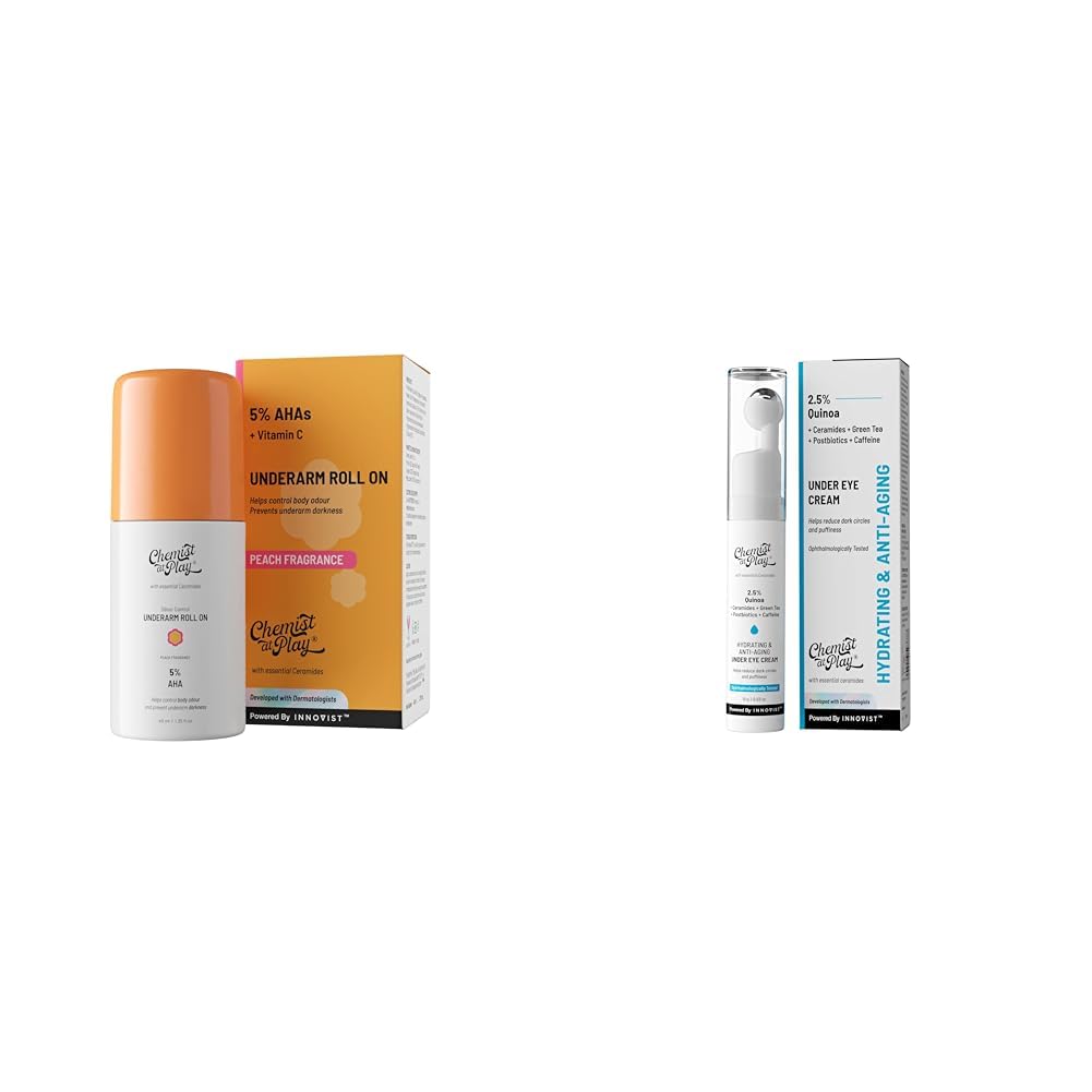 Chemist At Play UnderArm Roll-On Deodorant with 5% AHA Vegan | SLS Free | 40ml Under Eye Cream with 2% Revital Eye & Quinoa Extract Cooling Gel & Roller for Men & Women | 15 g