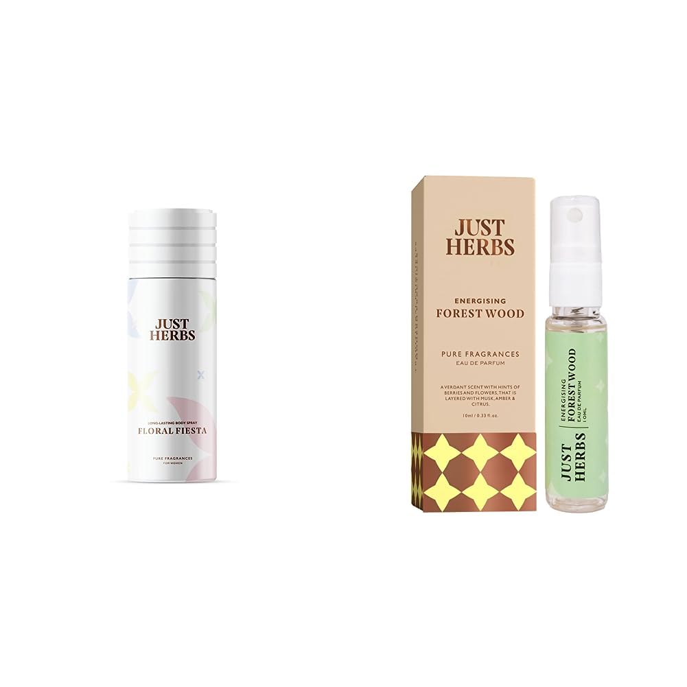 Just Herbs Unisex Long Lasting- Amber, Forest Phthalate-Free Formula,150 Ml (Floral Fiesta) &Luxury Scent Long Lasting Forest Wood Travel Friendly Perfume Spray 10Ml Combo, 2 Count