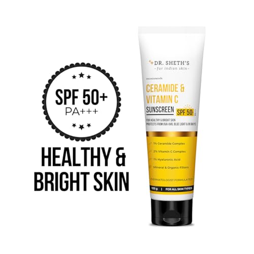 Dr. Sheth's Ceramide & Vitamin C Sunscreen | SPF 50+ Pa+++ | In-Vivo Tested | For Bright Skin & Healthy Glow | Non-Greasy, Quick-Absorbing, No White Cast | UVA/B & Bluelight Protection | For Men & Women | For All Skin Type | 125 g