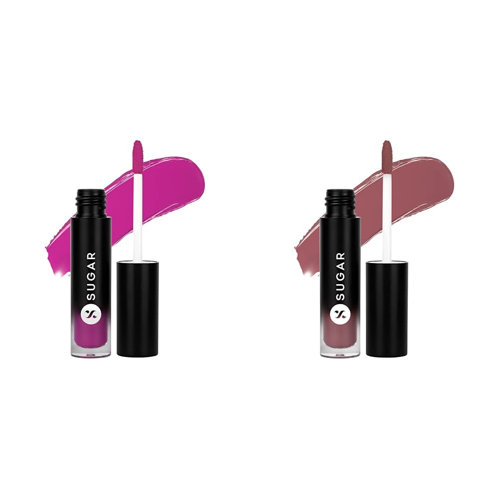 SUGAR Cosmetics Mousse Muse Maskproof Lip Cream Lipstick - 02 Pinkie & SUGAR Cosmetics Mousse Muse Maskproof Lip Cream Lipstick - 01 Backlit Nude
