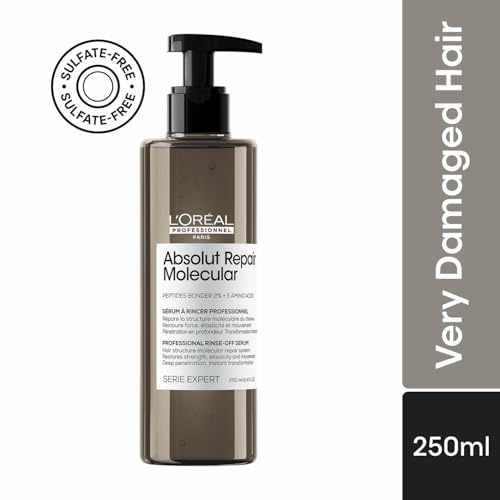 L'OREAL PROFESSIONNEL PARIS Absolut Repair Molecular Deep Repairing Rinse-off Serum for Damaged Hair - 250 ml | Repairs Very Damaged Hair and Restores Strength With 2% Peptides Bonder & 5 Amino Acids